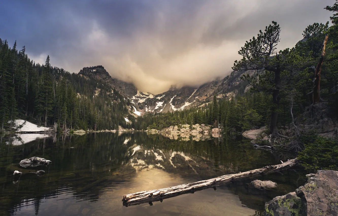 Photo wallpaper forest, the sky, trees, mountains, nature, lake, Colorado, Rocky Mountain National Park