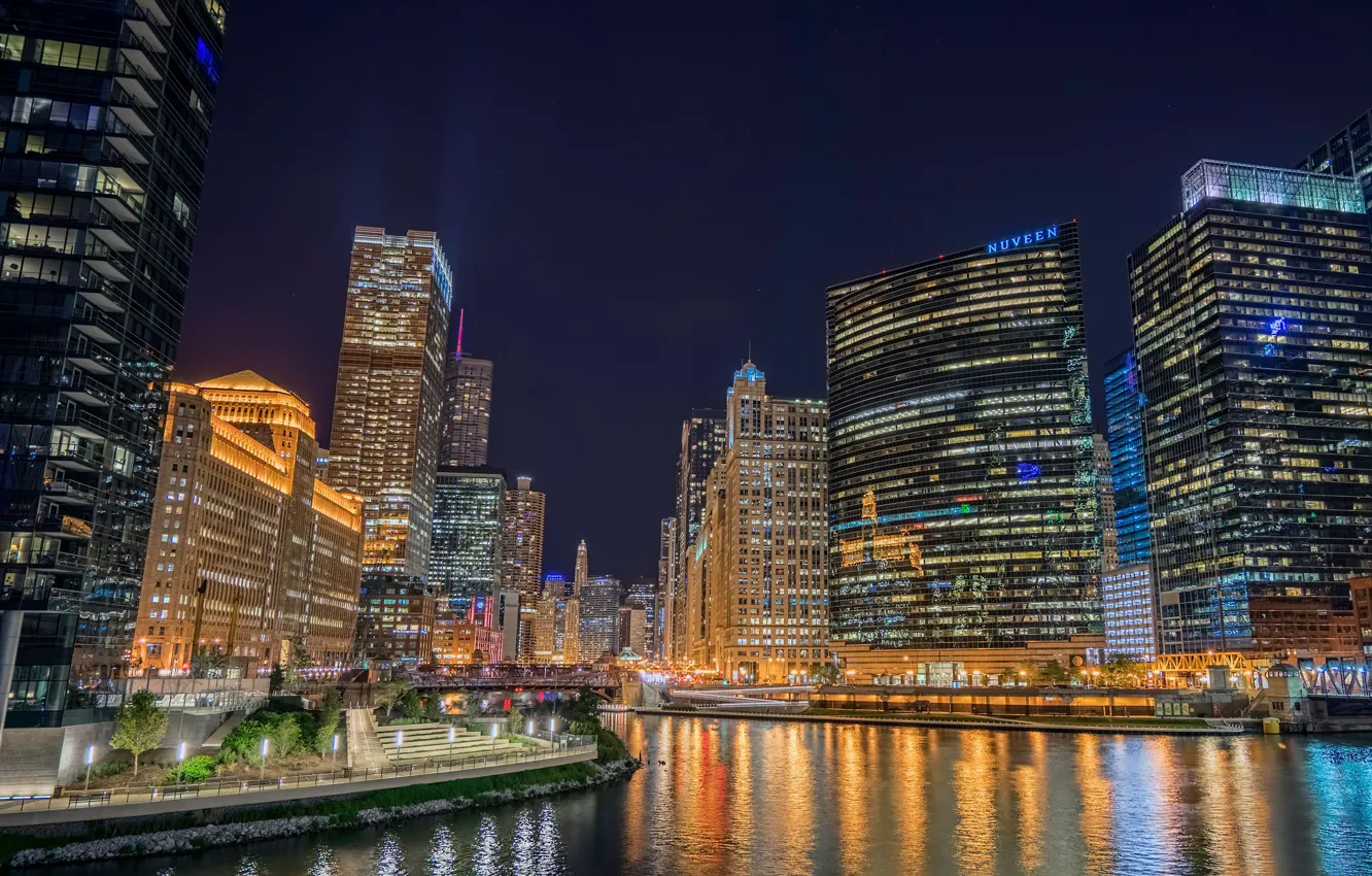 Photo wallpaper river, building, skyscrapers, Chicago, Il, night city, Chicago, Illinois