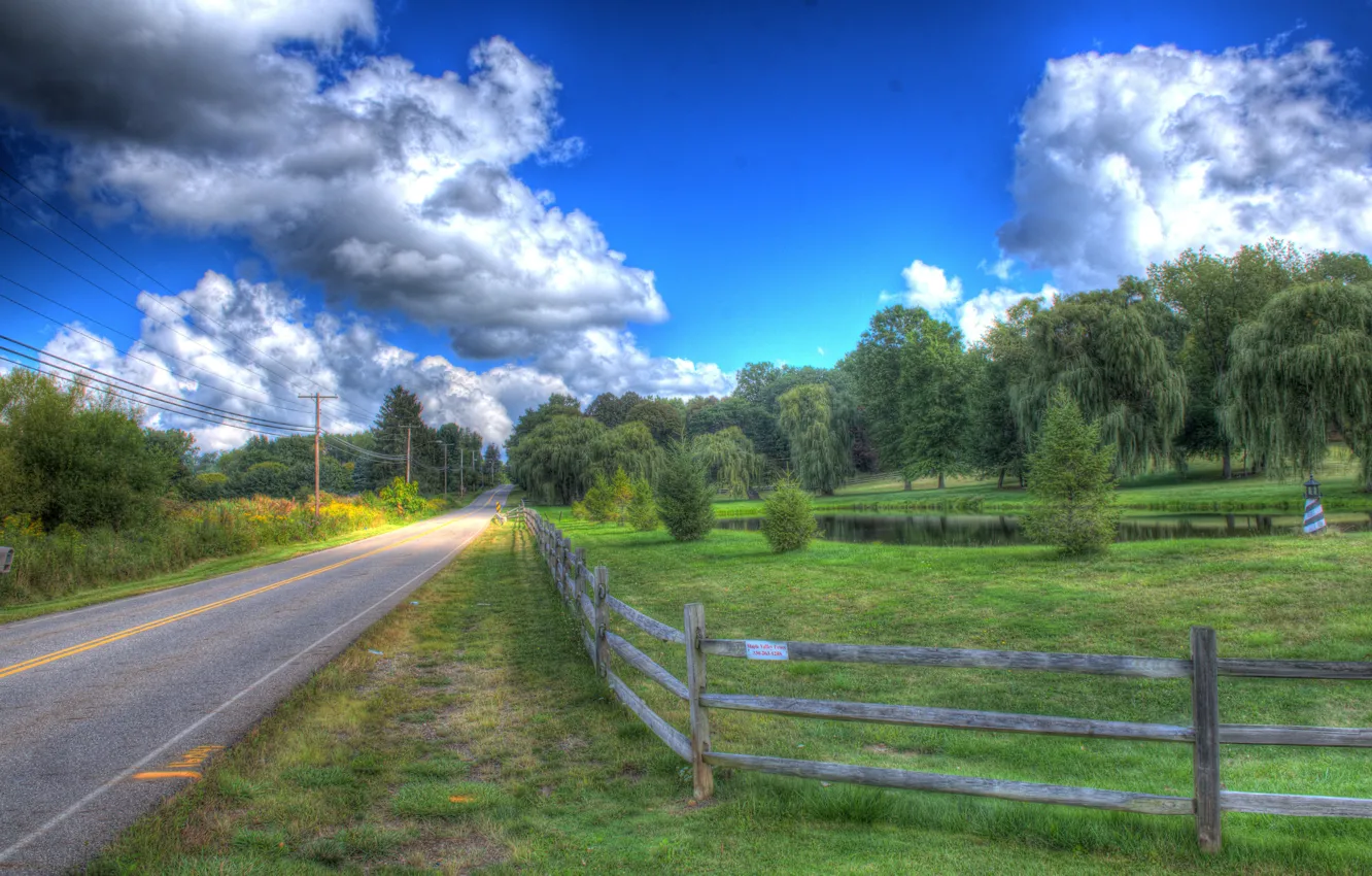 Photo wallpaper road, summer, the sky, clouds, trees, fence, summer, road