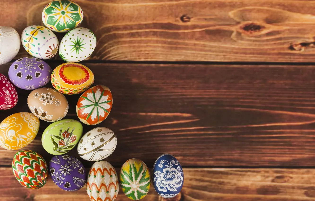 Photo wallpaper colorful, Easter, wood, spring, Easter, eggs, decoration, Happy