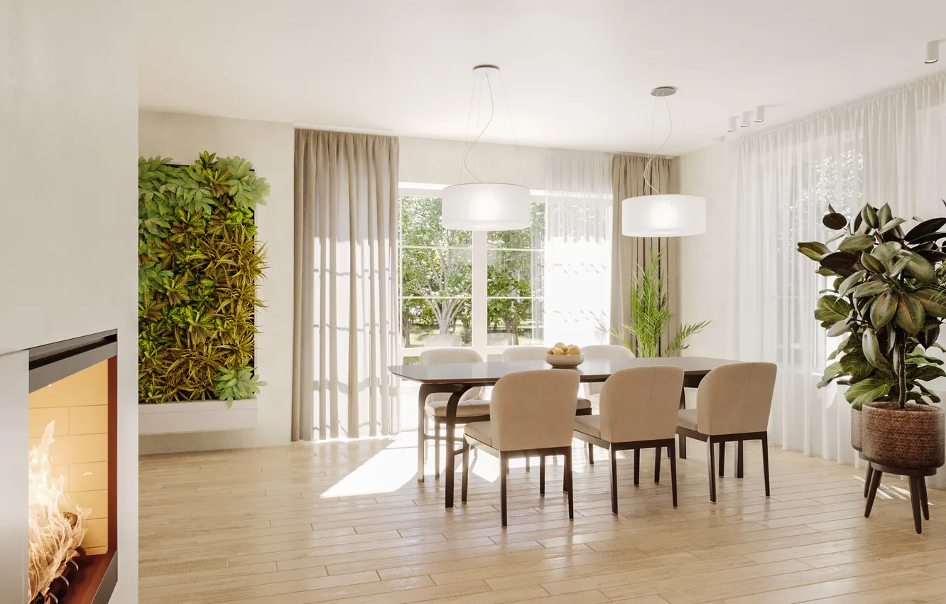 Photo wallpaper design, plant, interior, fireplace, dining room, ekostil