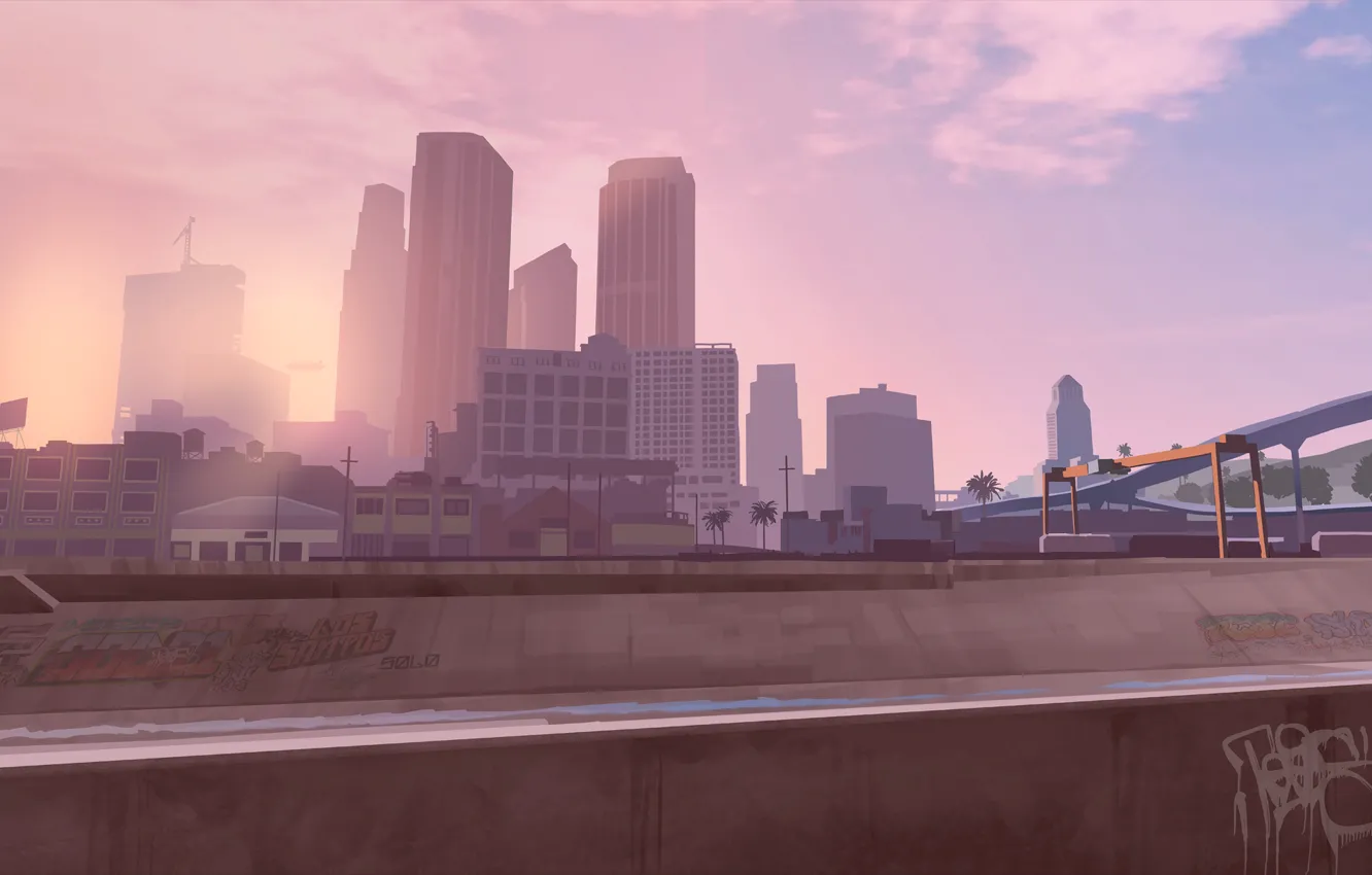 Photo wallpaper tower, palm trees, graffiti, art, crane, GTA V, the city, art