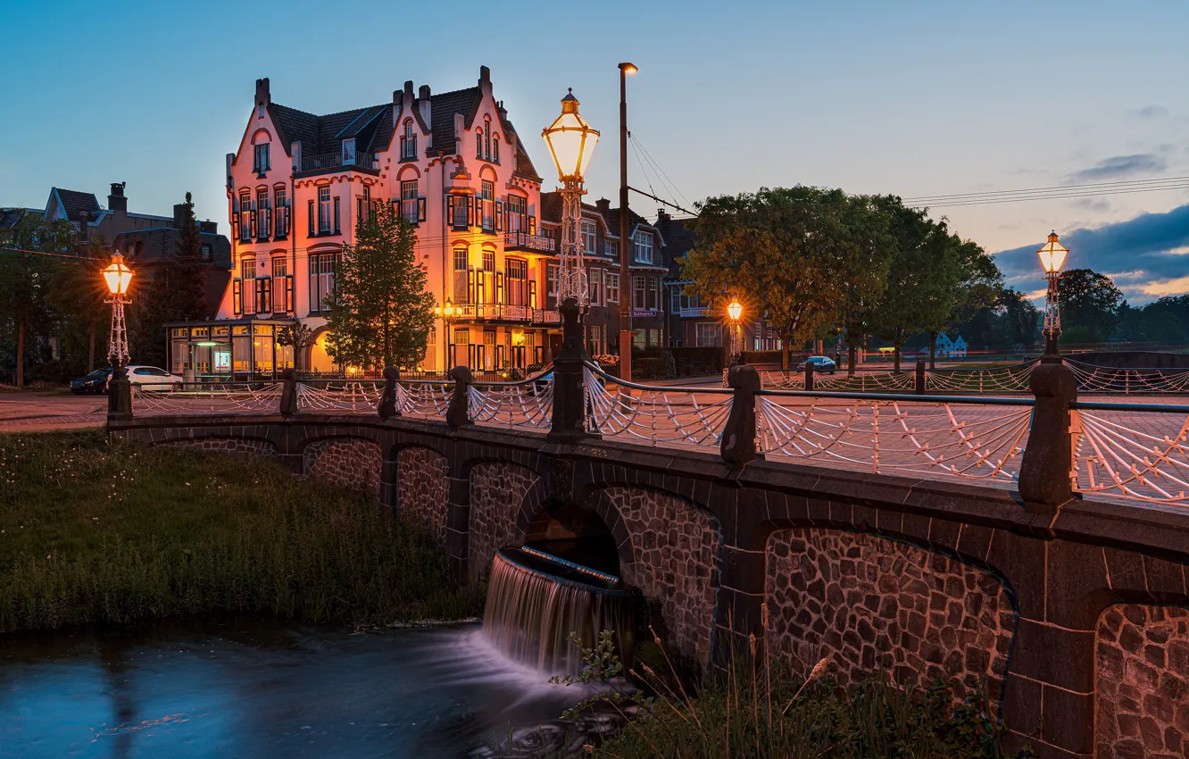 Photo wallpaper bridge, river, the building, lights, Netherlands, Netherlands, Arnhem, Arnhem