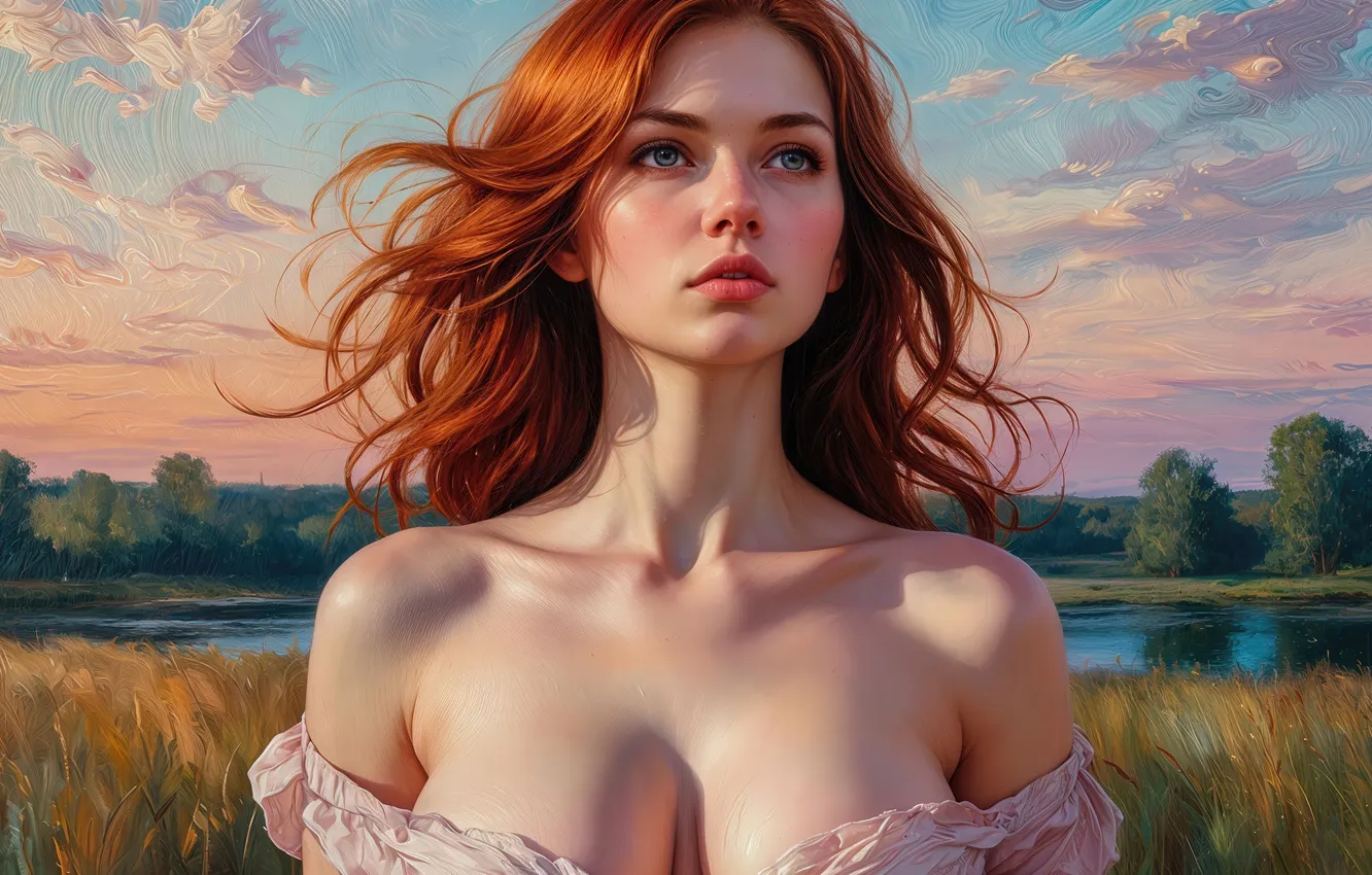 Photo wallpaper forest, chest, look, girl, clouds, pose, shore, redhead