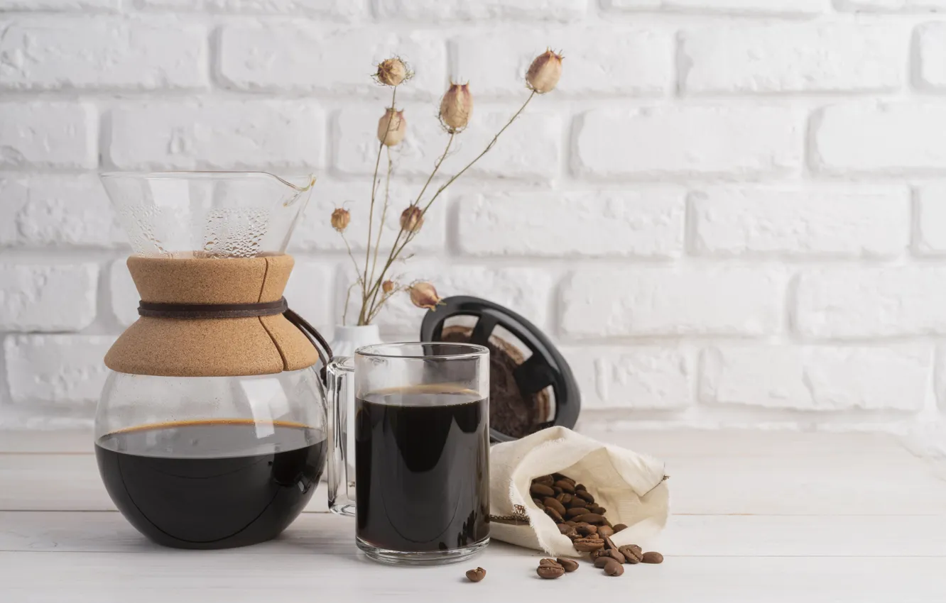 Photo wallpaper glass, glass, table, wall, coffee, brick, package, mug