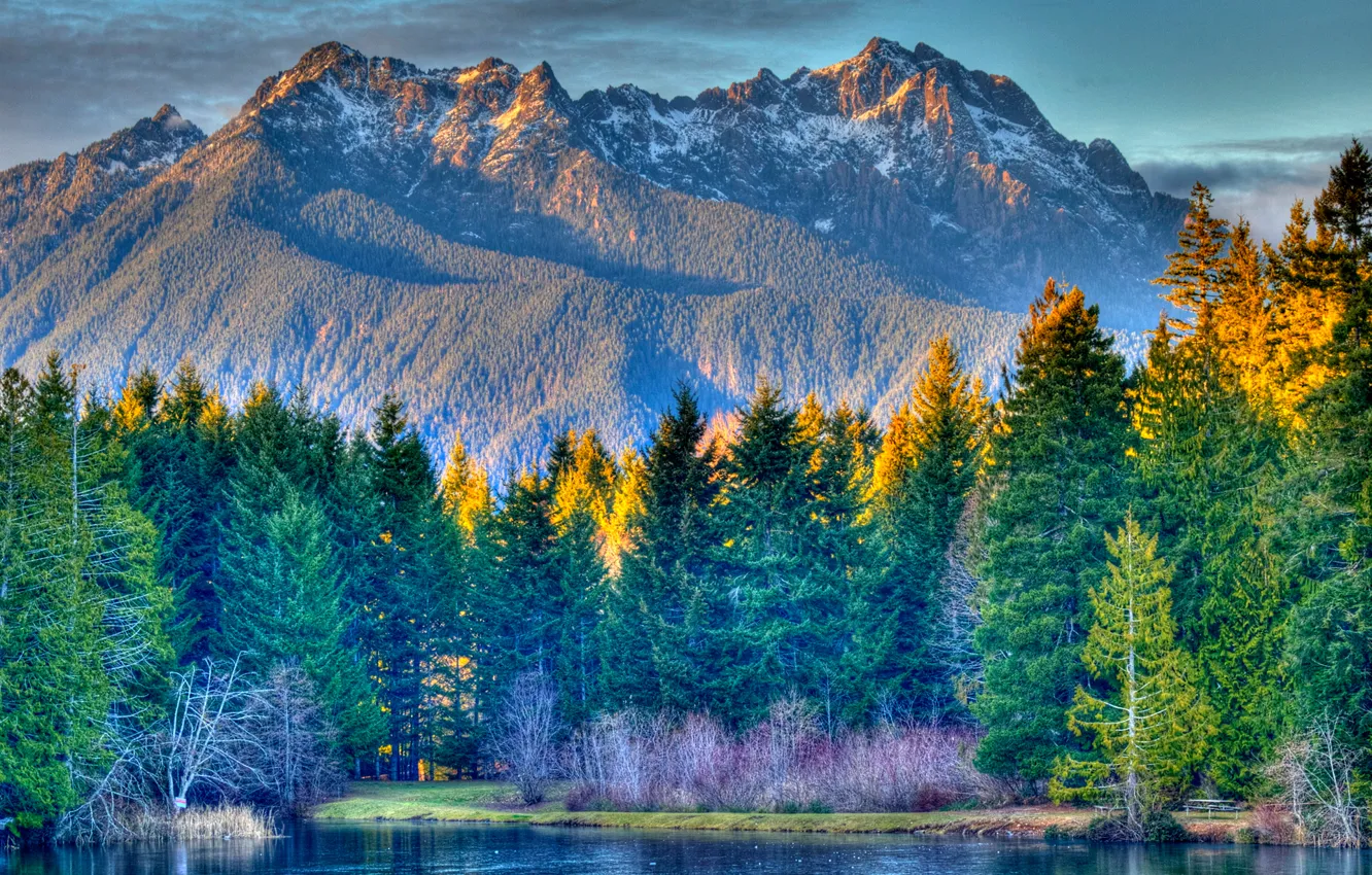 Photo wallpaper autumn, forest, the sky, sunset, mountains, lake, HDR