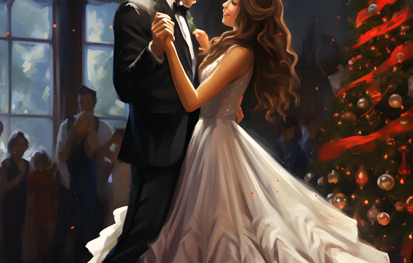 Photo wallpaper girl, tree, new year, dance, dress, Christmas, guy, two
