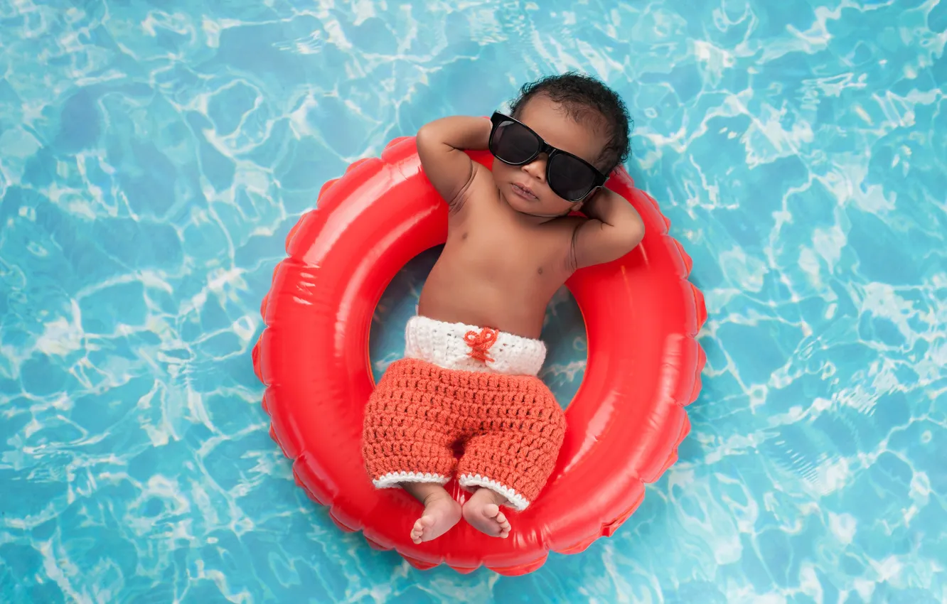 Photo wallpaper pool, style, child, baby, pose, sunglasses