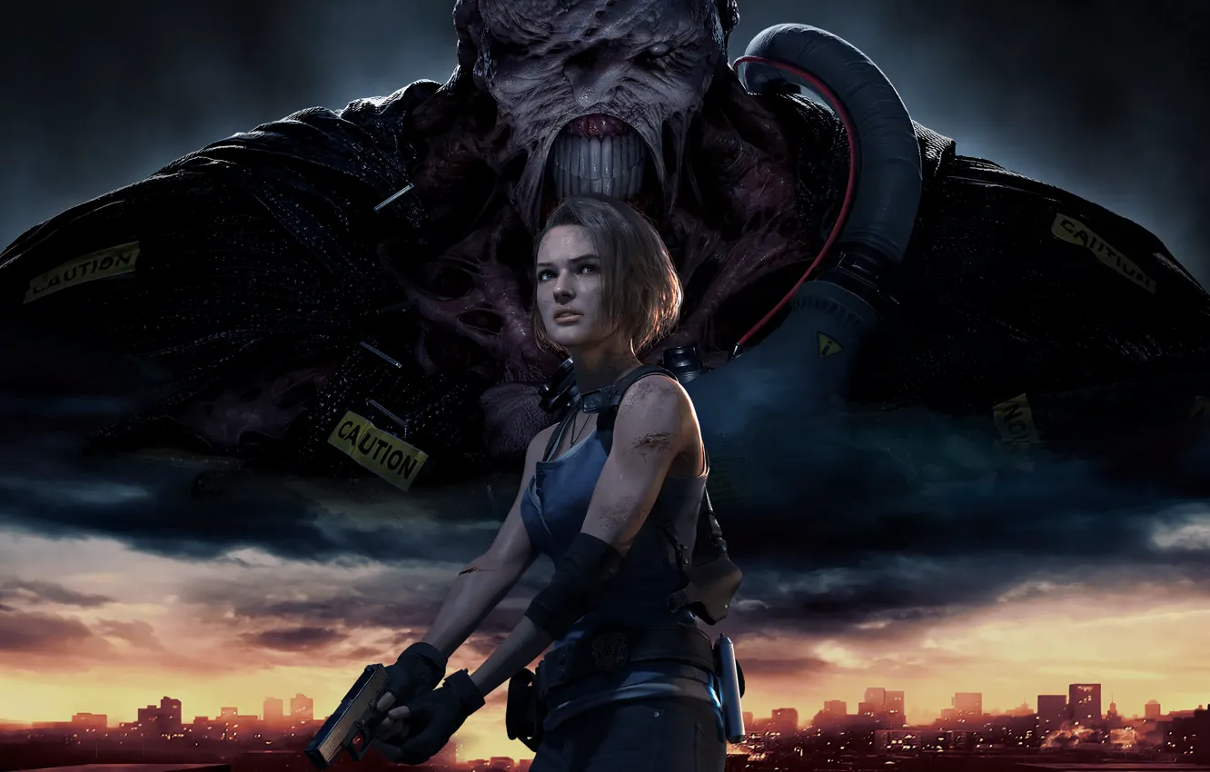 Photo wallpaper girl, gun, monster, Resident evil, Resident Evil 3, Resident Evil 3 (2020)