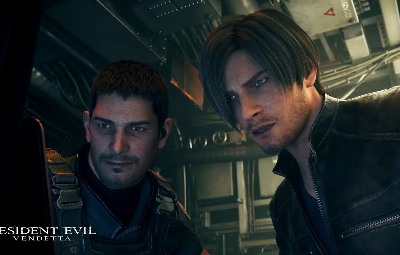 Photo wallpaper dark, wallpaper, military, Resident Evil, scene, friends, Chris Redfield, Leon Kennedy