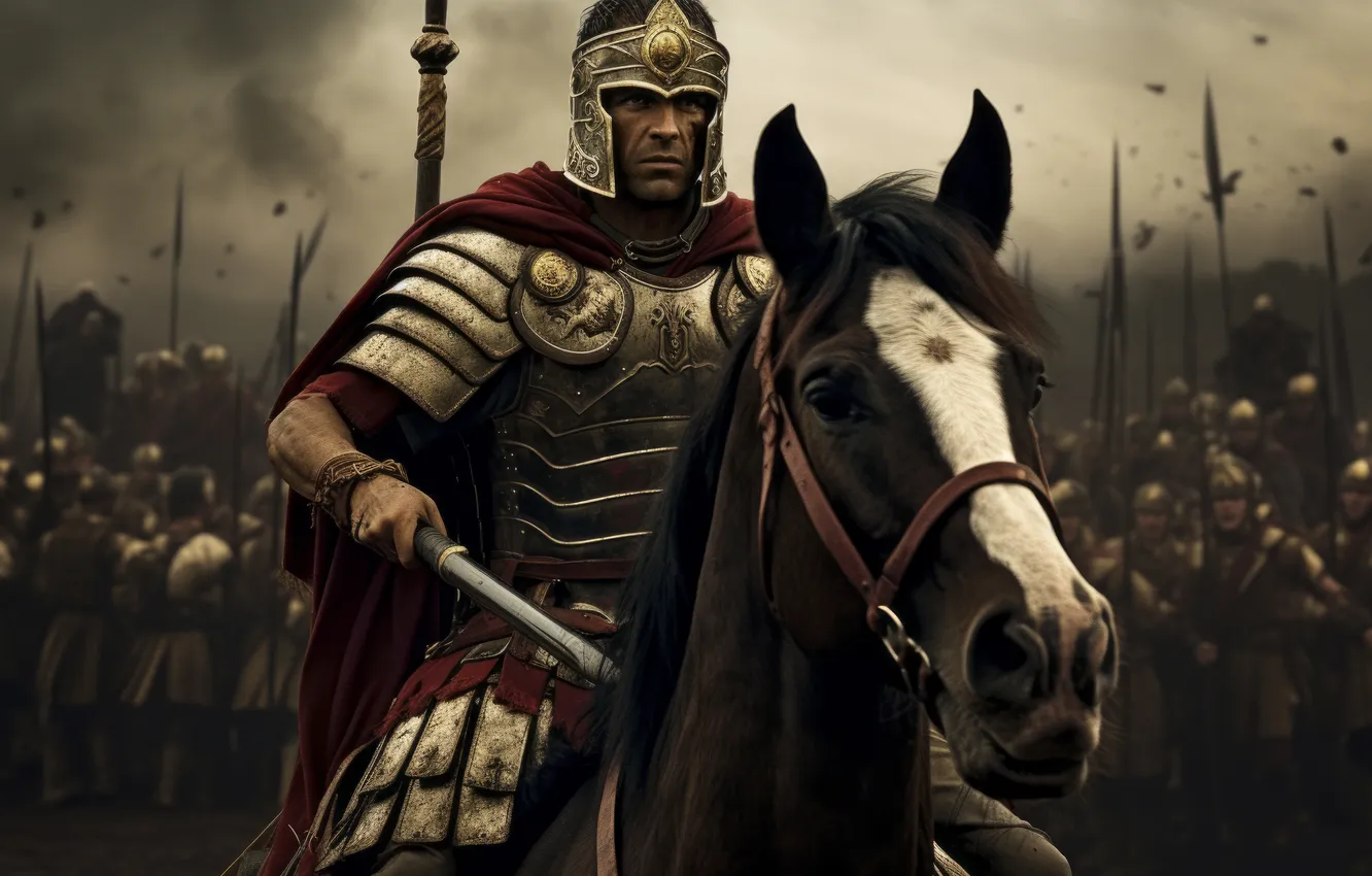 Photo wallpaper look, horse, warrior, helmet, male, the Romans, digital art, AI art