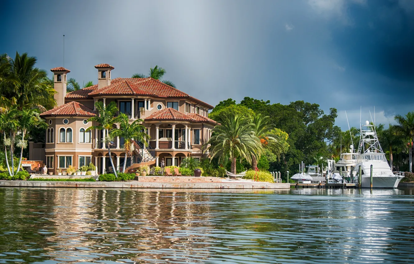 Photo wallpaper water, palm trees, Villa, yachts, FL, Florida, Sarasota, Sarasota Bay