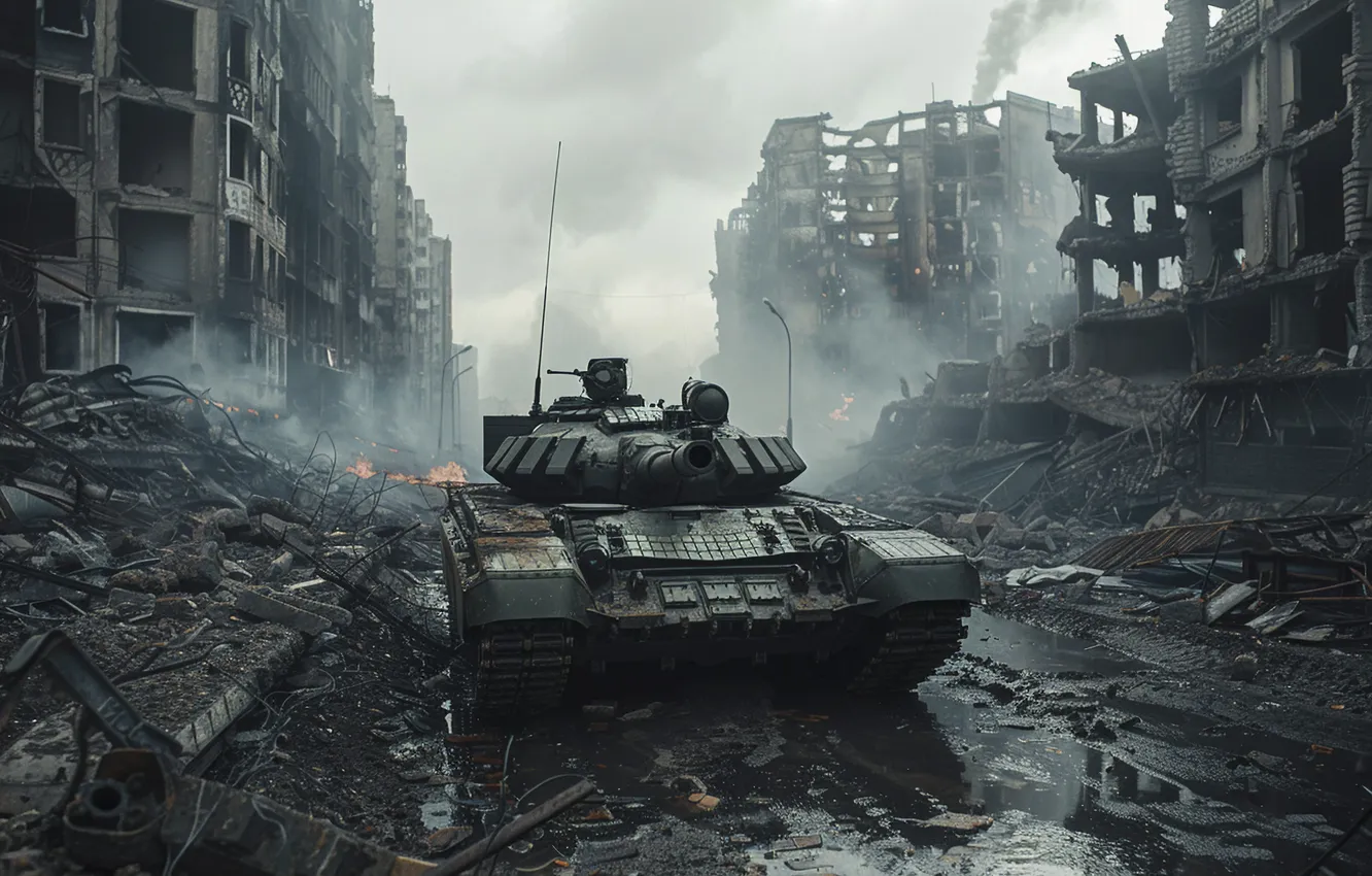 Photo wallpaper street, smoke, home, dirt, tank, devastation, digital art, AI art