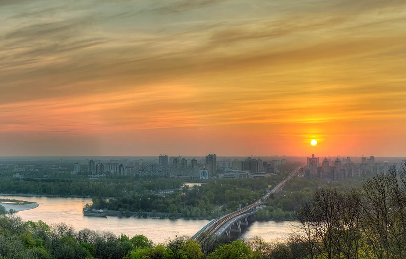 Photo wallpaper the sun, trees, river, spring, Ukraine, Kiev, Dnepr, city view