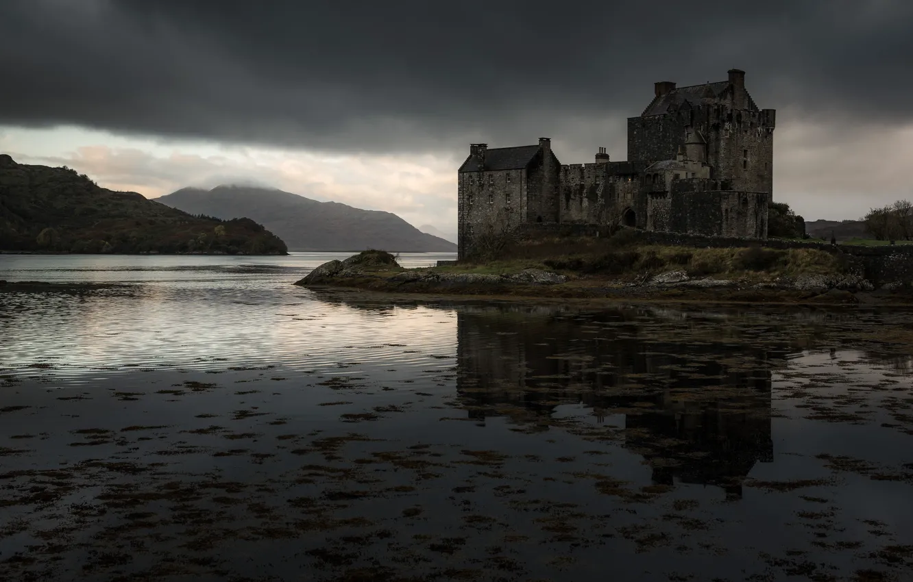 Photo wallpaper the sky, algae, landscape, mountains, clouds, lake, castle, overcast