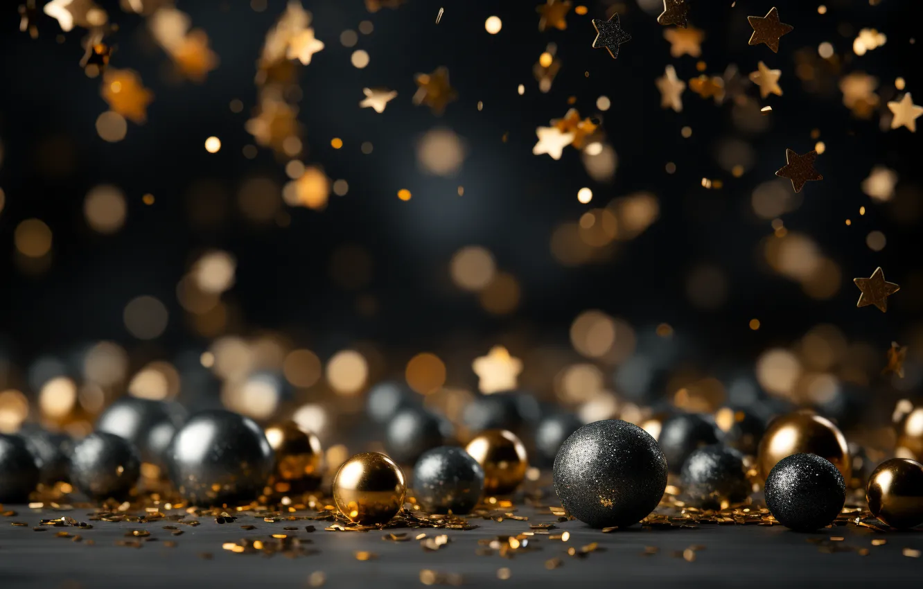 Photo wallpaper stars, decoration, balls, new year, Christmas, golden, black, Christmas