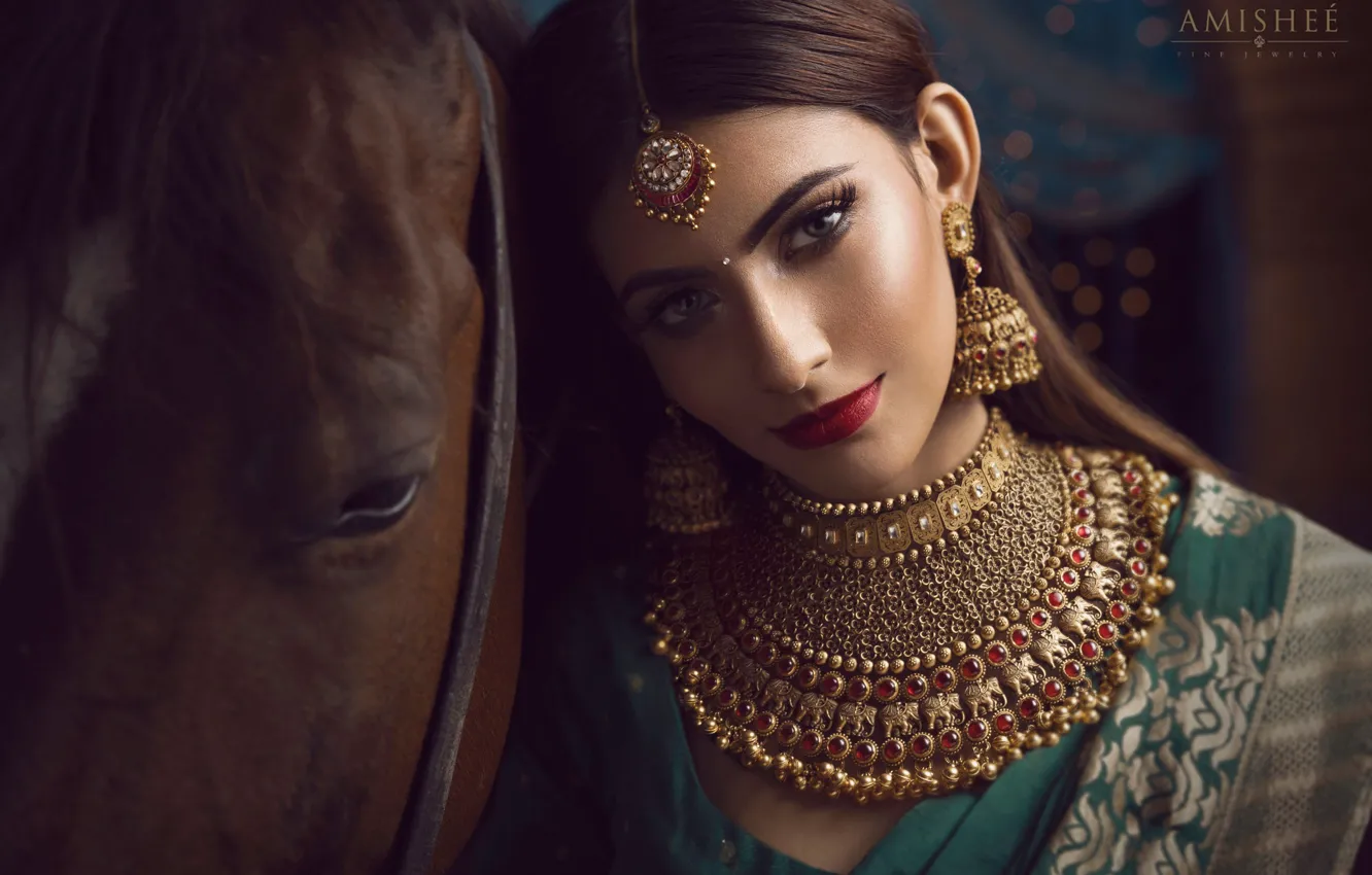 Photo wallpaper look, girl, face, style, horse, horse, makeup, jewelry