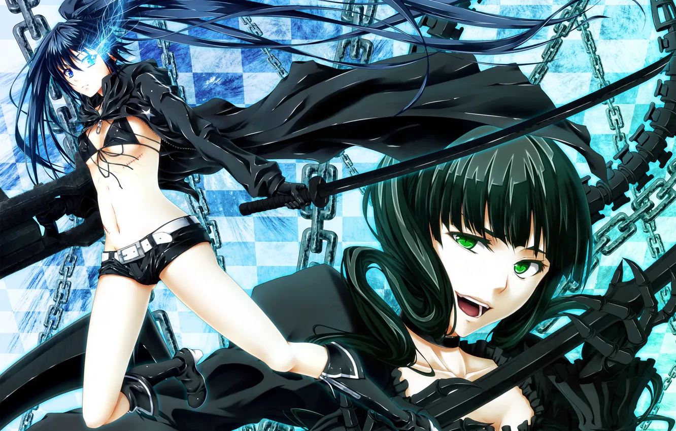 Photo wallpaper look, girl, smile, weapons, mood, sword, chain, black rock shooter