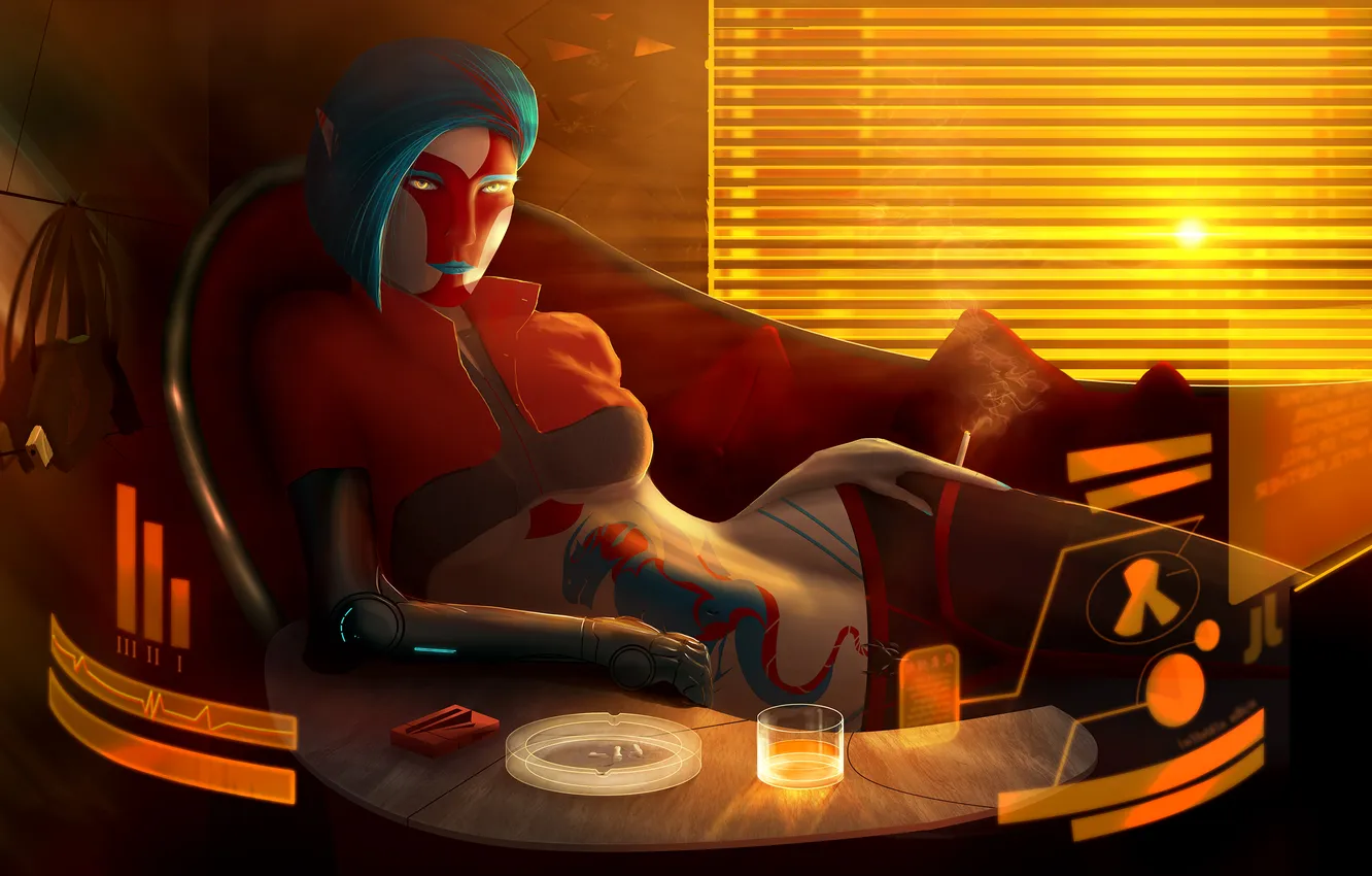 Photo wallpaper girl, the sun, glass, robot, matches, window, art, ashtray