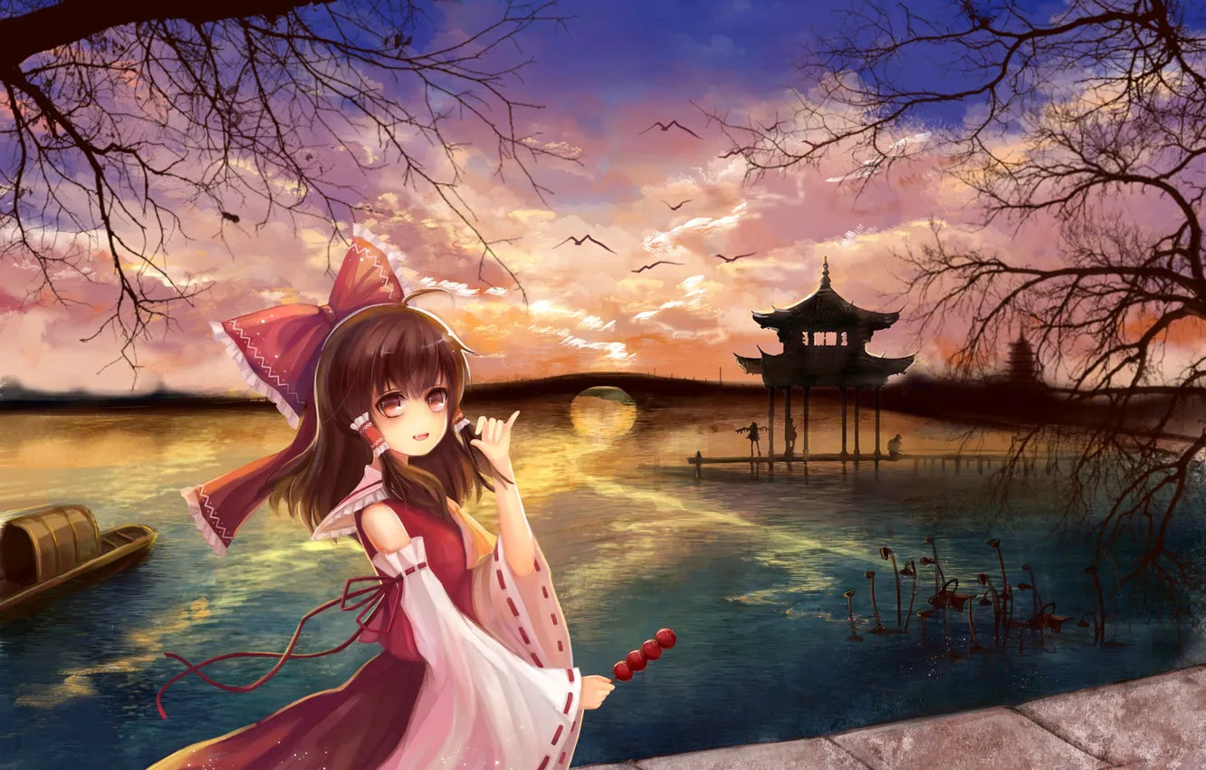 Photo wallpaper the sky, look, girl, clouds, trees, sunset, river, the wind