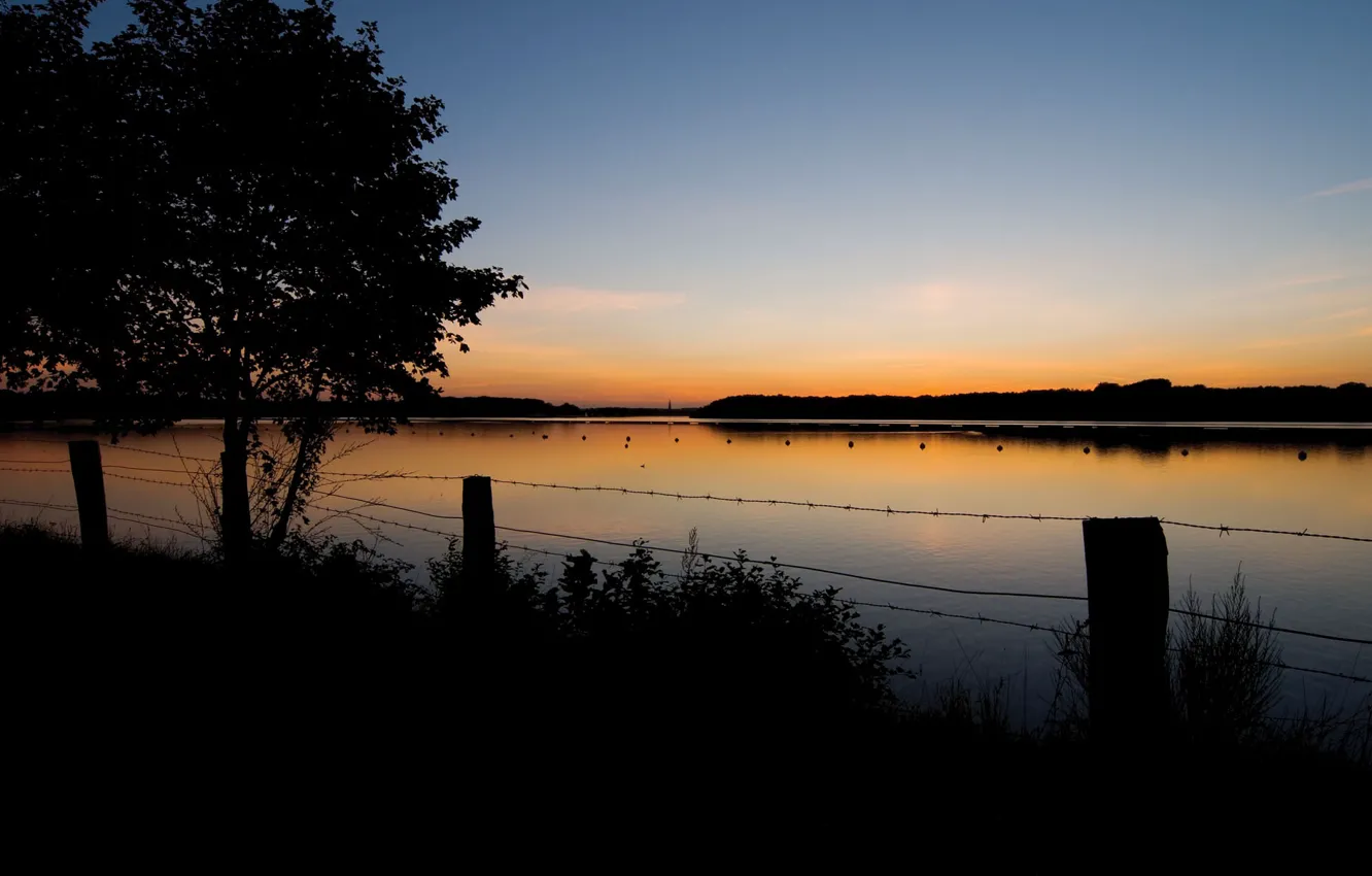 Photo wallpaper sunset, shore, twilight, pond, wire fence