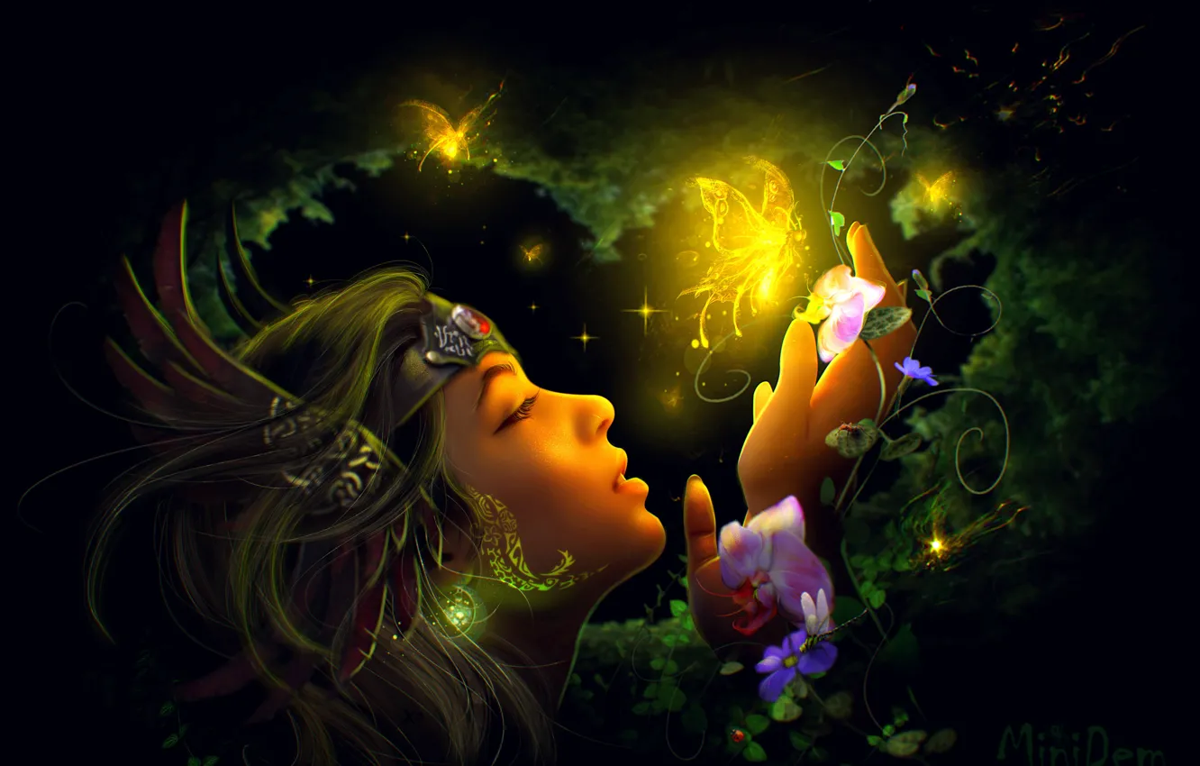 Photo wallpaper forest, flowers, butterfly, girl art