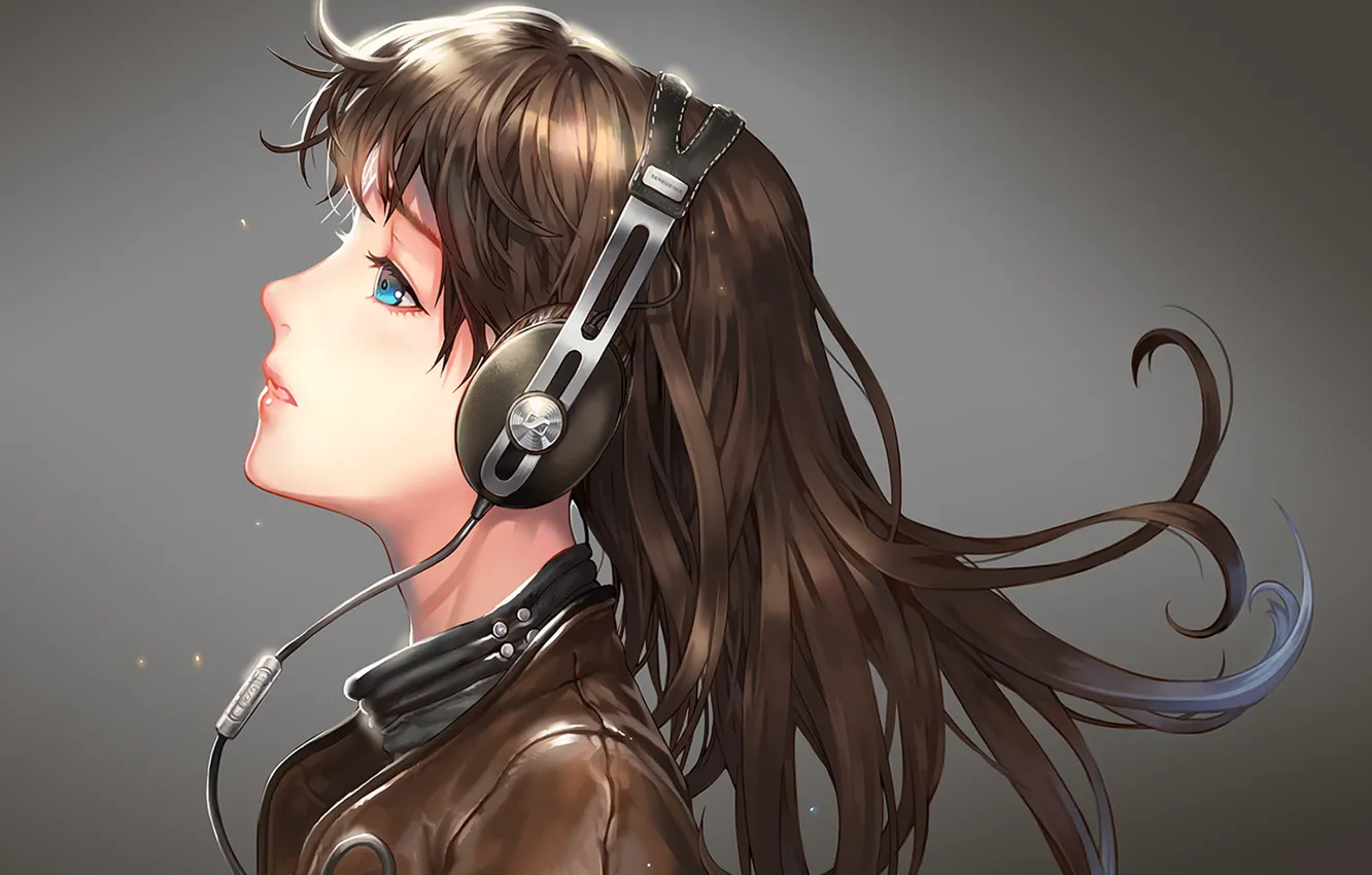 Photo wallpaper Girl, headphones, jacket, sennheiser