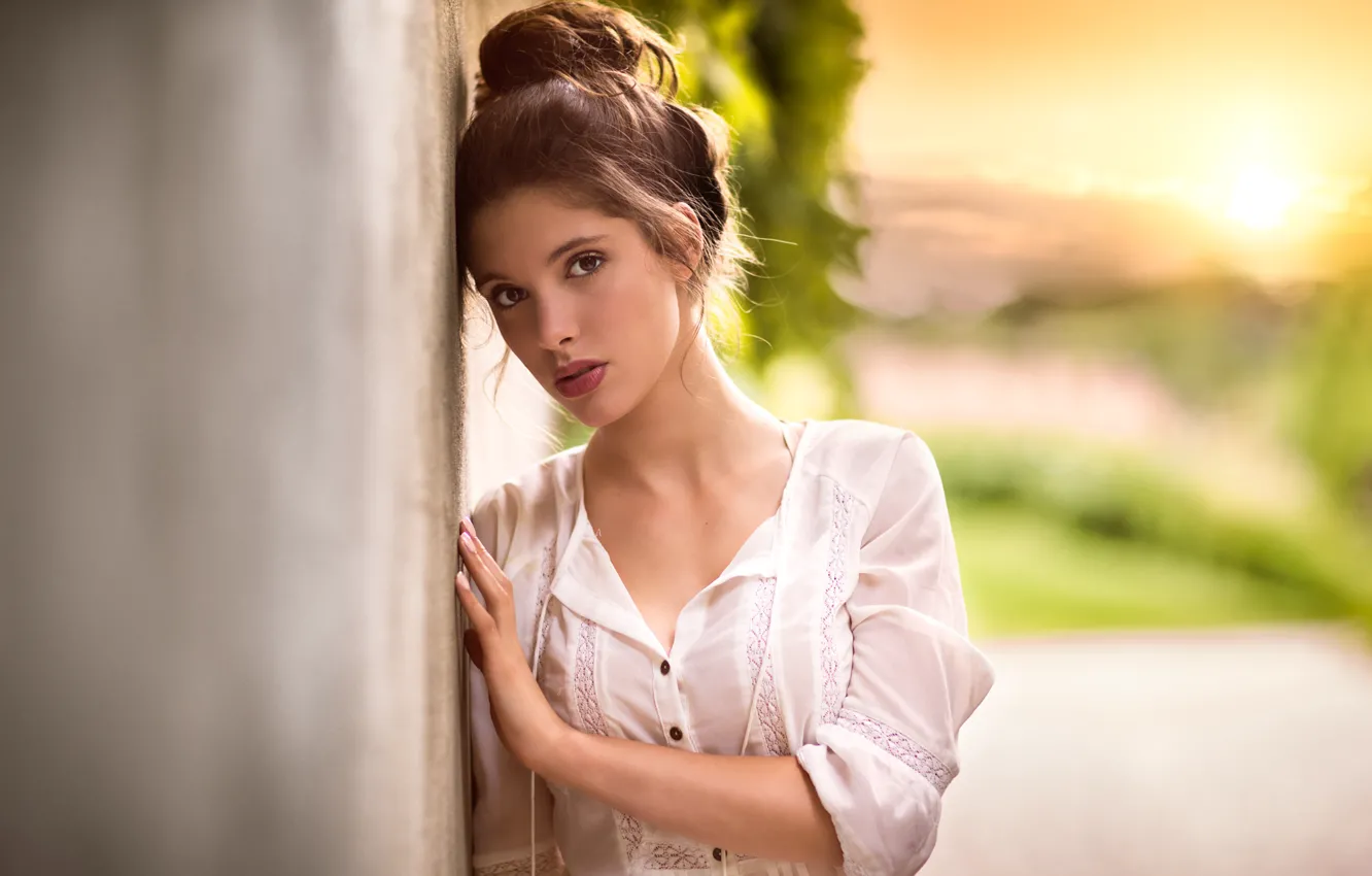 Photo wallpaper look, girl, wall, blouse, brown hair
