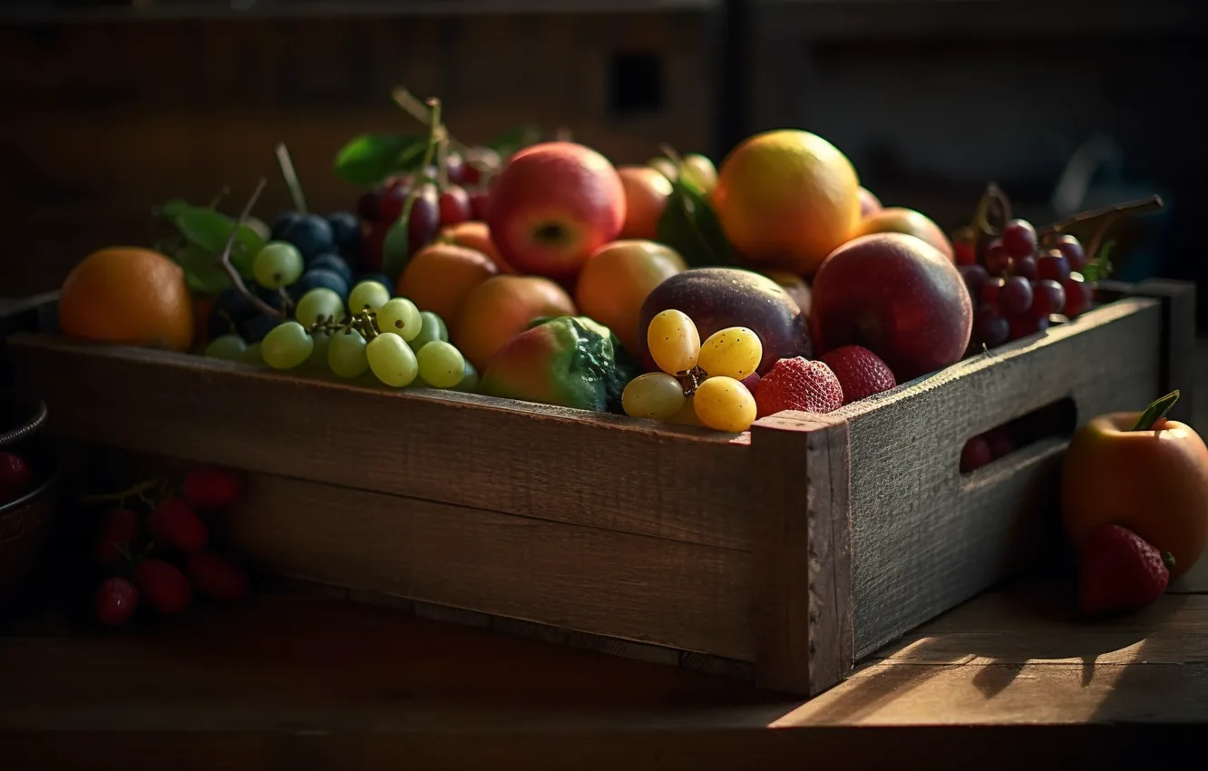 Photo wallpaper light, berries, table, apples, Board, food, strawberry, grapes