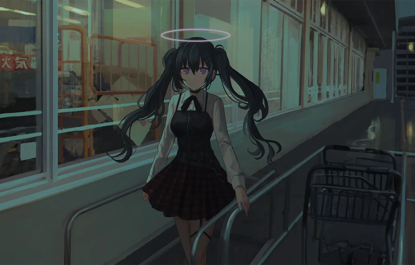 Photo wallpaper girl, the city, halo, escalator