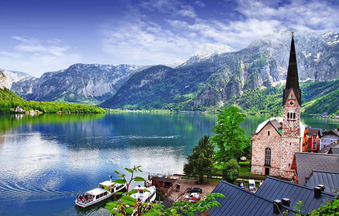 Photo wallpaper trees, landscape, mountains, nature, lake, home, boats, Austria