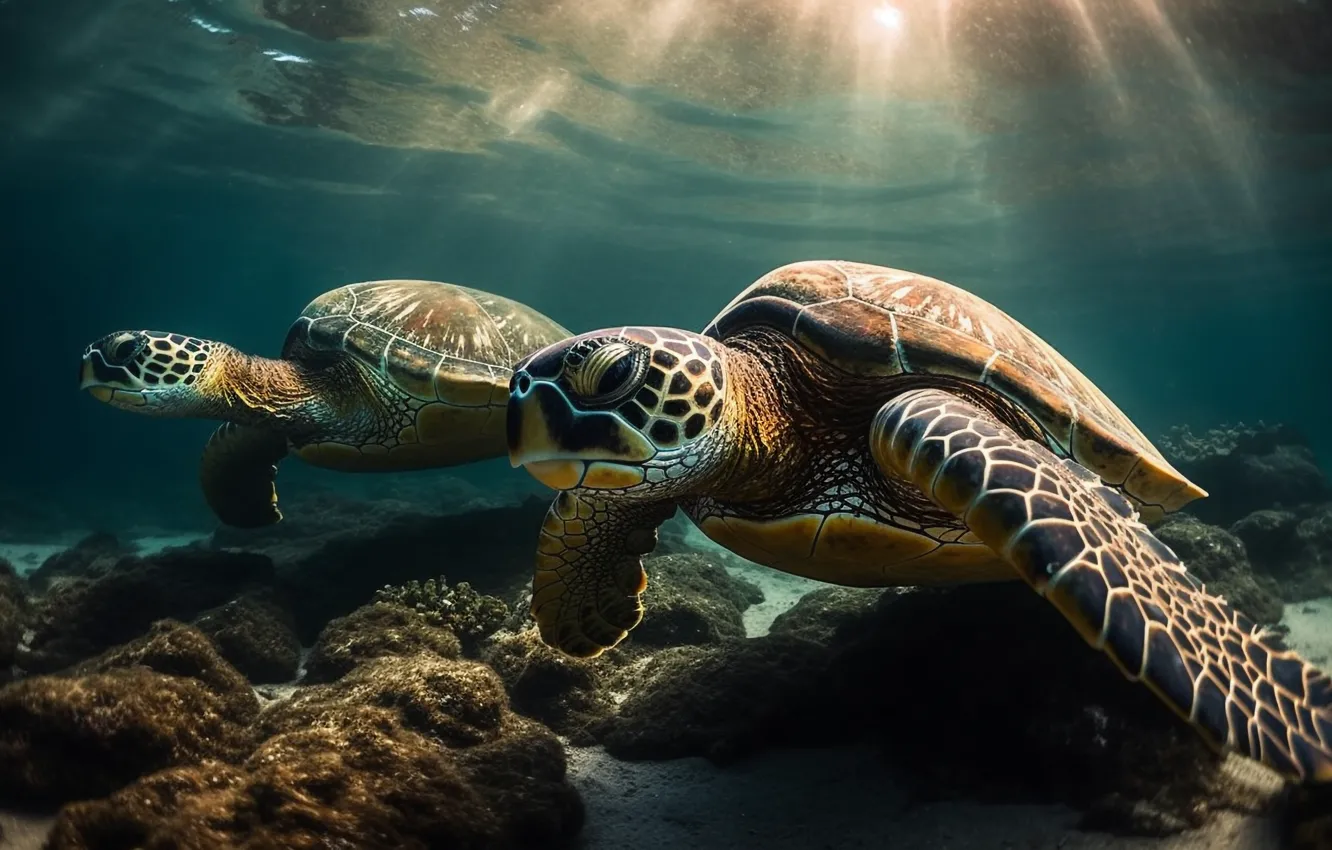 Photo wallpaper sea, look, water, light, turtle, pair, underwater world, sea turtle