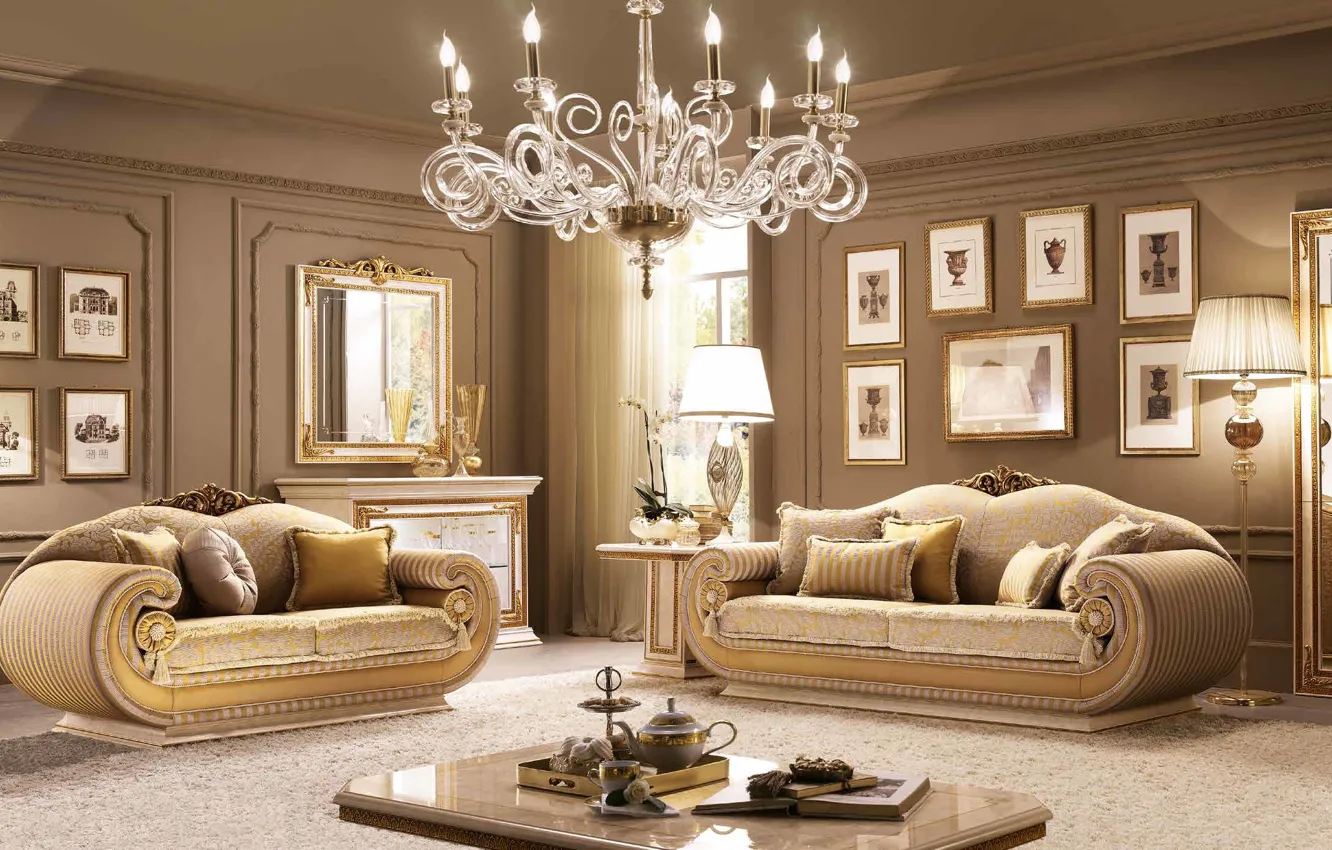 Photo wallpaper sofa, interior, chair, mirror, chandelier, pictures, luxury, living room