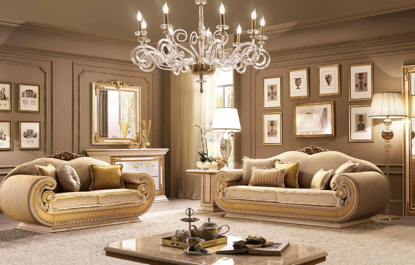 Photo wallpaper sofa, interior, picture, chair, mirror, chandelier, luxury, living room