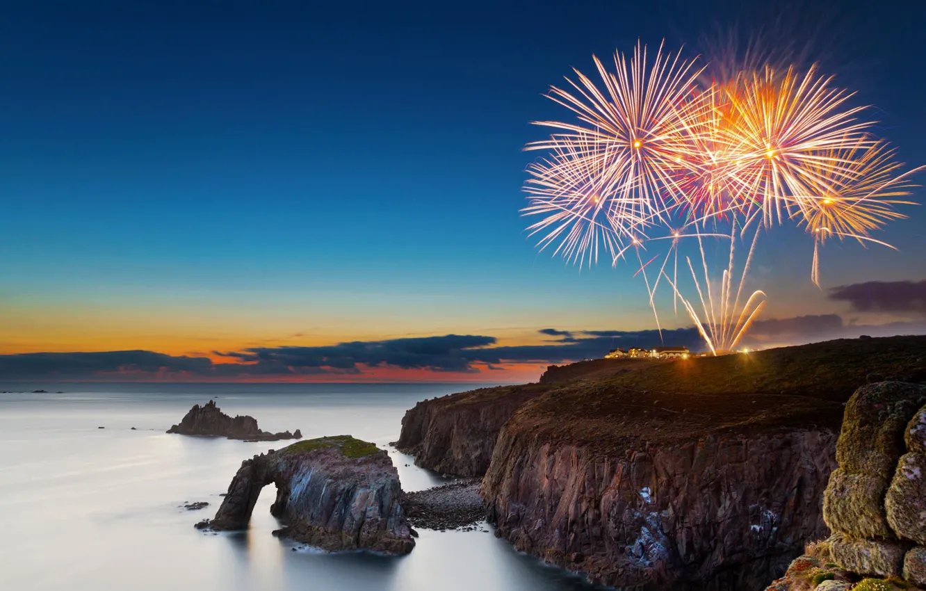 Photo wallpaper sea, rocks, holiday, England, salute, fireworks, Cornwall, Land’s End
