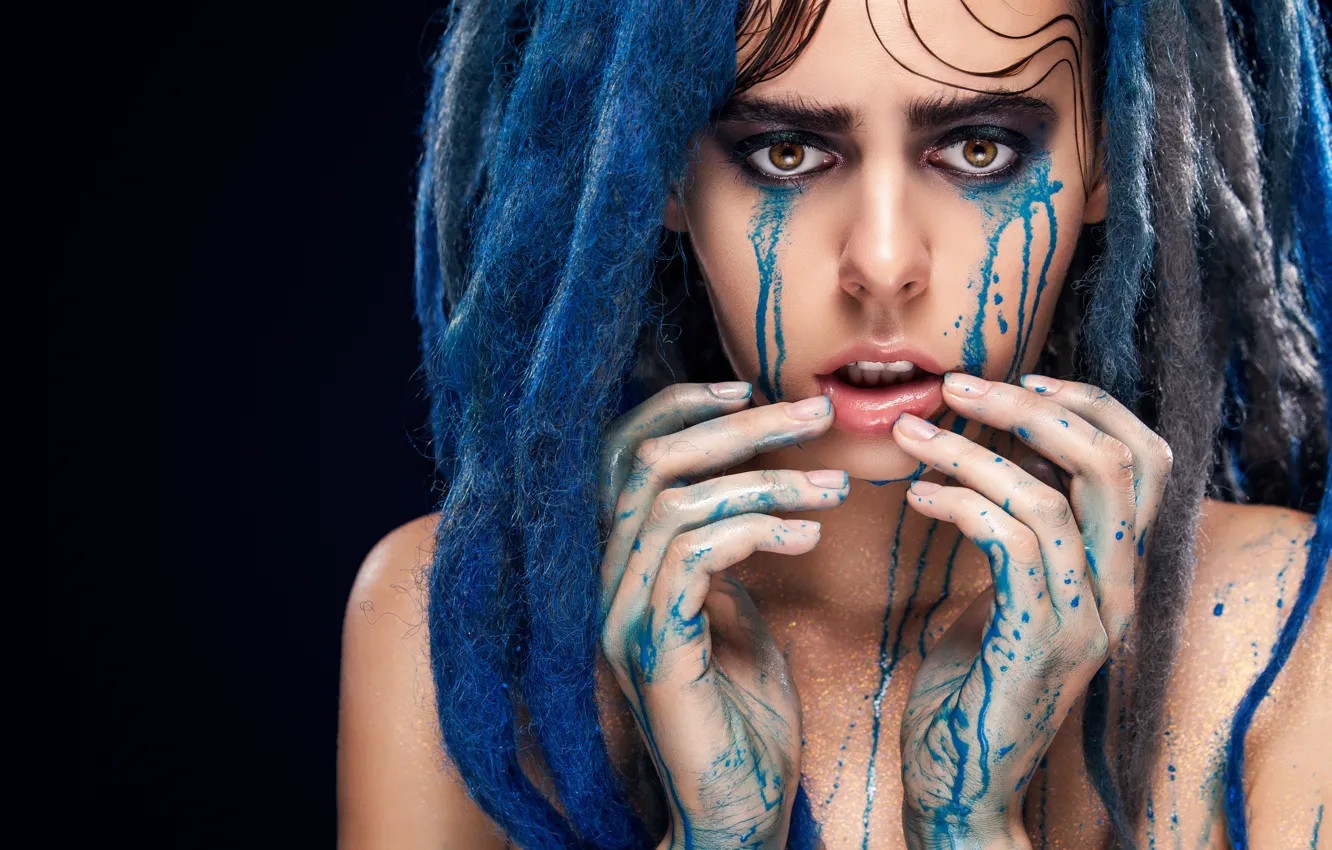 Wallpaper blue, drag, tears, look, fingers, Makeup for mobile and