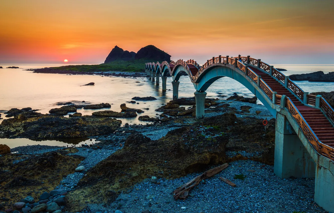 Photo wallpaper sunset, bridge, coast, island