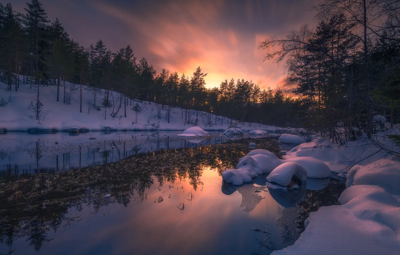 Photo wallpaper snow, river, Norway, Norway, Ringerike