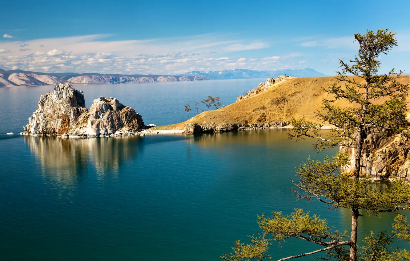 Photo wallpaper trees, lake, stones, shore, horizon, Baikal, rock, braid
