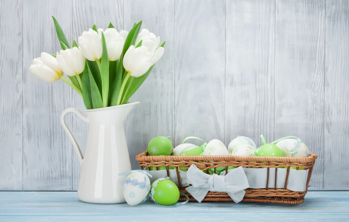 Photo wallpaper flowers, eggs, spring, colorful, Easter, tulips, happy, wood
