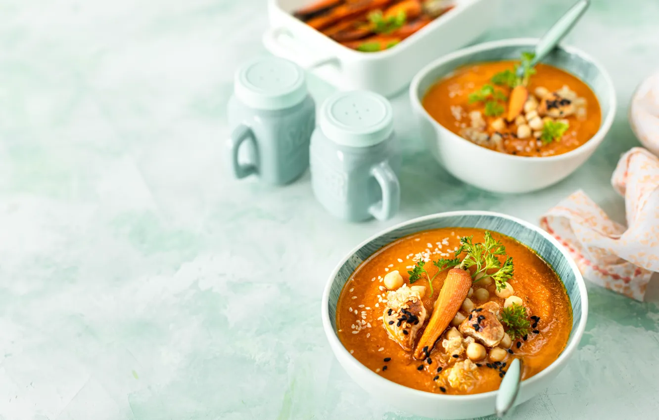 Photo wallpaper table, towel, spoon, soup, bowl, carrots, bokeh, dense