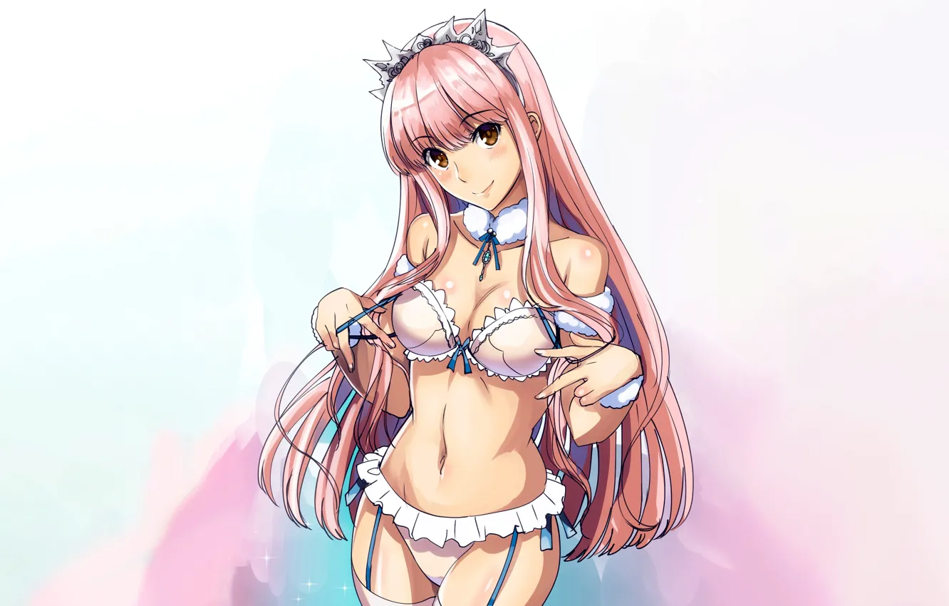 Photo wallpaper girl, sexy, lingerie, bra, cleavage, panties, thighhighs, pink hair