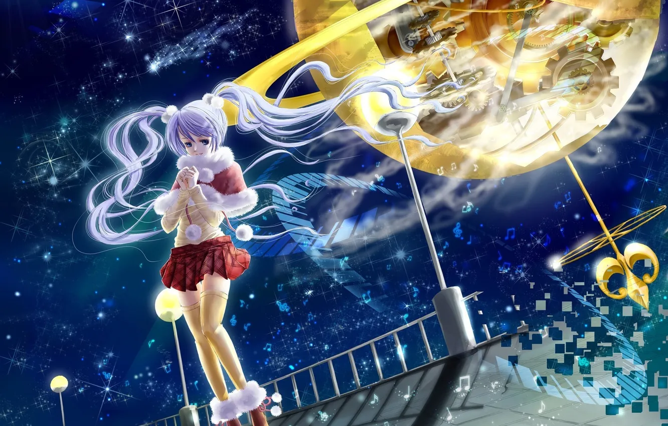 Photo wallpaper girl, bridge, notes, mechanism, anime, lights, vocaloid, hatsune miku