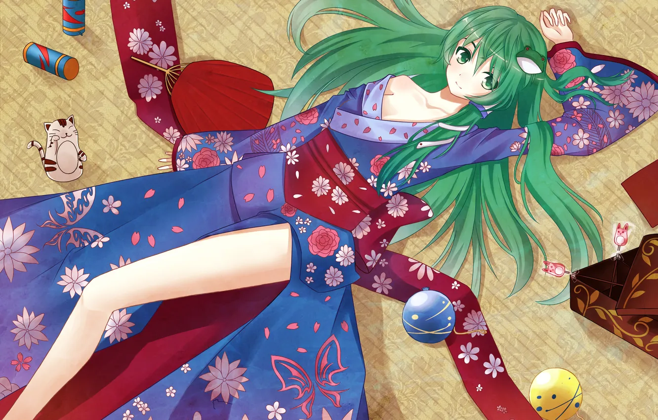 Photo wallpaper look, girl, balls, smile, fan, candy, floor, lies