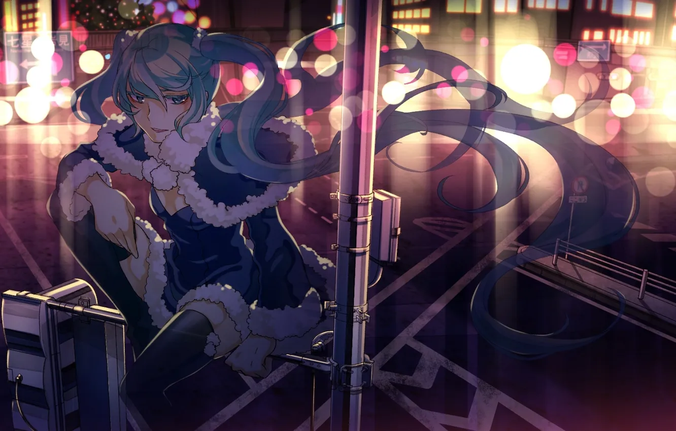 Photo wallpaper road, girl, the city, lights, sign, anime, art, vocaloid