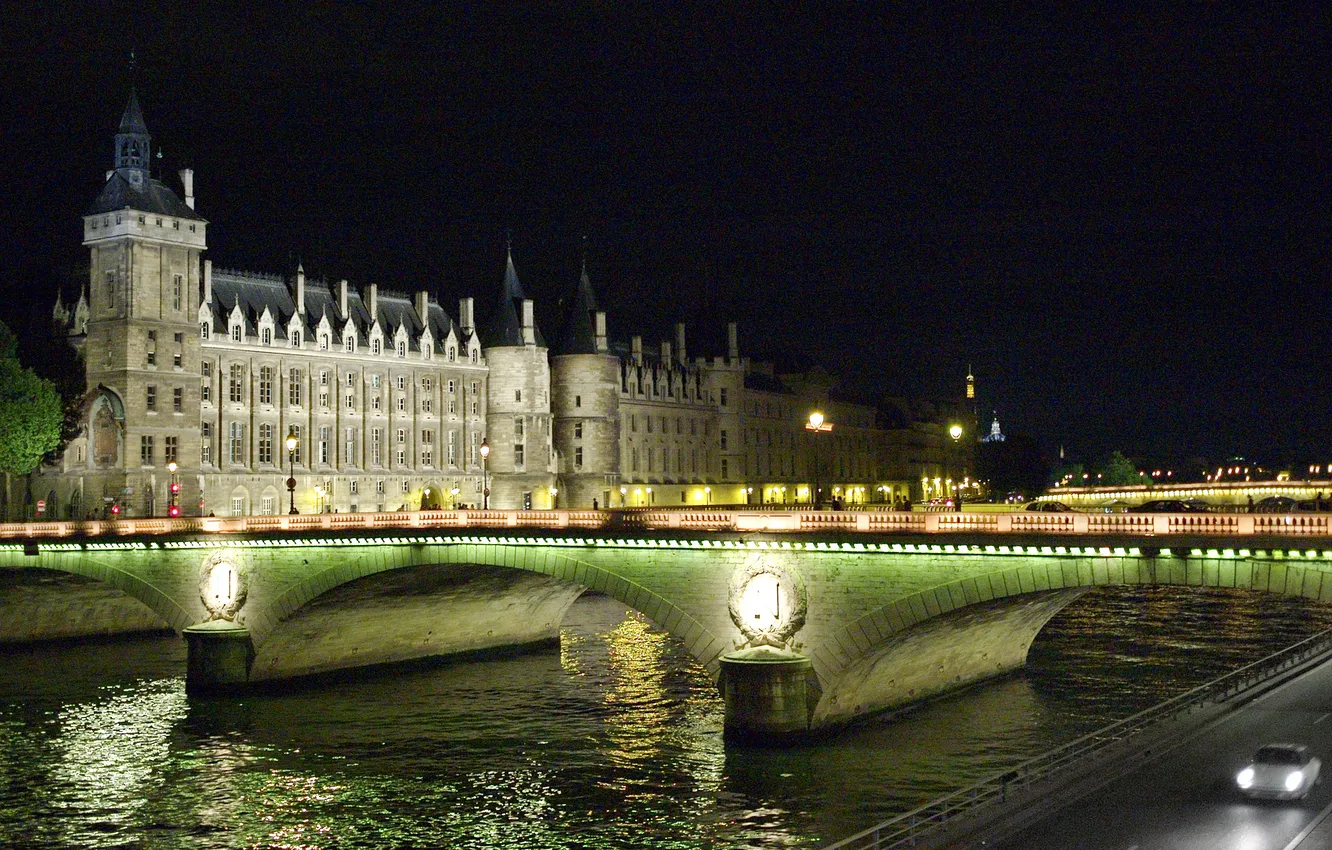 Photo wallpaper night, bridge, lights, river, Paris