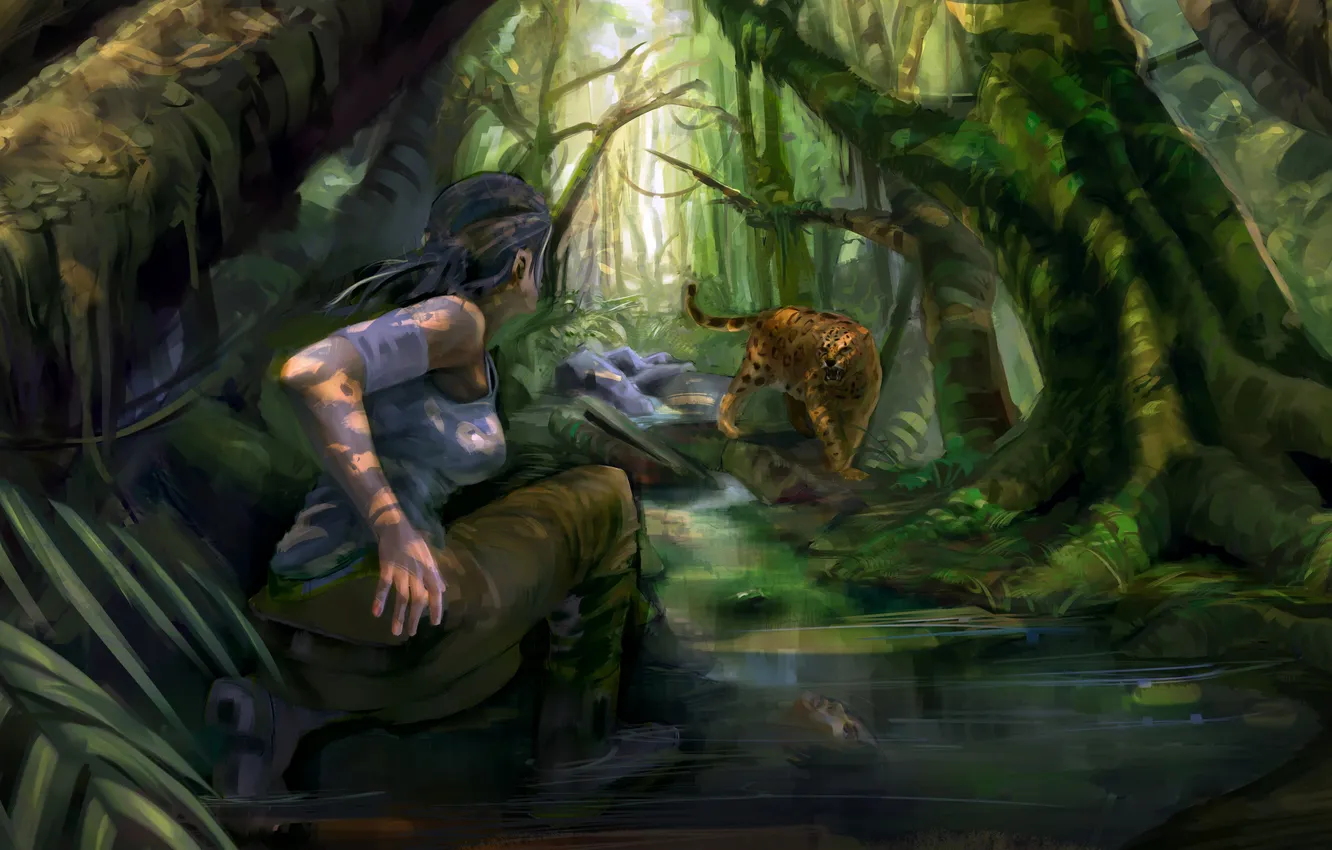 Photo wallpaper water, girl, trees, the game, predator, bow, art, leopard