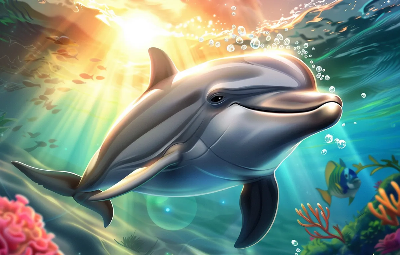 Photo wallpaper corals, dolphins, underwater world, the rays of the sun, digital art, AI art, The Art …