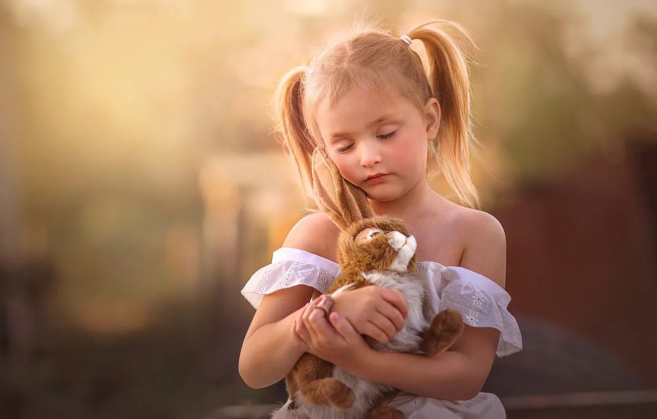 Photo wallpaper toy, hare, hugs, girl, braids, sundress