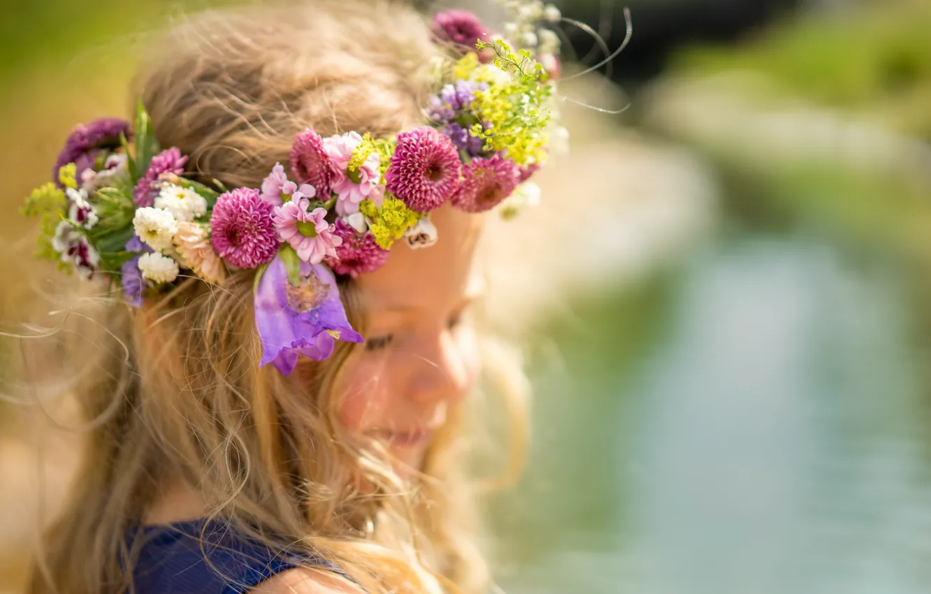 Photo wallpaper flowers, girl, wreath